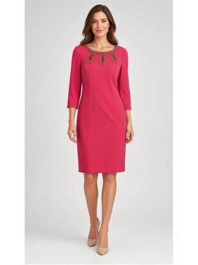 Lilly Pulitzer Pink Beaded Neckline Sheath Dress Three-Quarter Sleeve Size 6